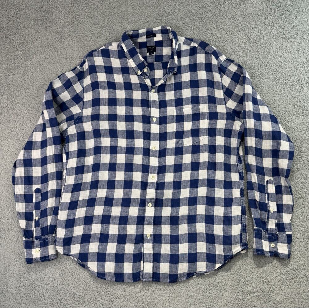 J.Crew Mens Slim Fit Linen Cotton Plaid Button Down Shirt Blue White Large